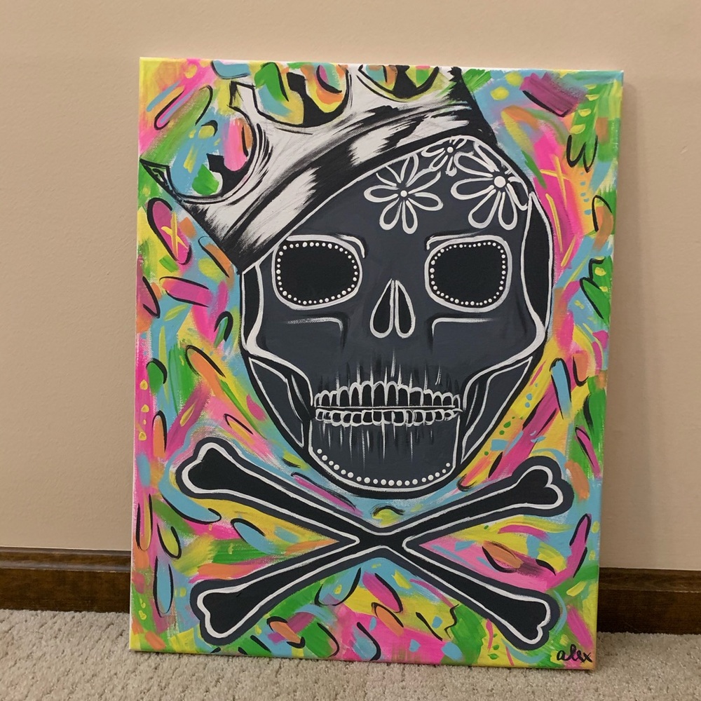 Original colorful skull painting on canvas